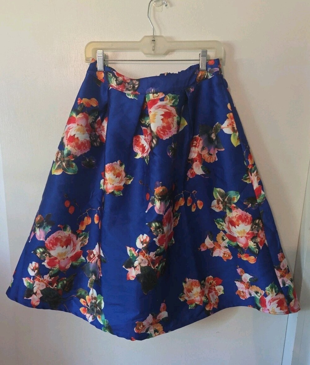 Lara Fashion Women's Print Skirt Floral Sz M Swing Pinup Pockets Midi Satin